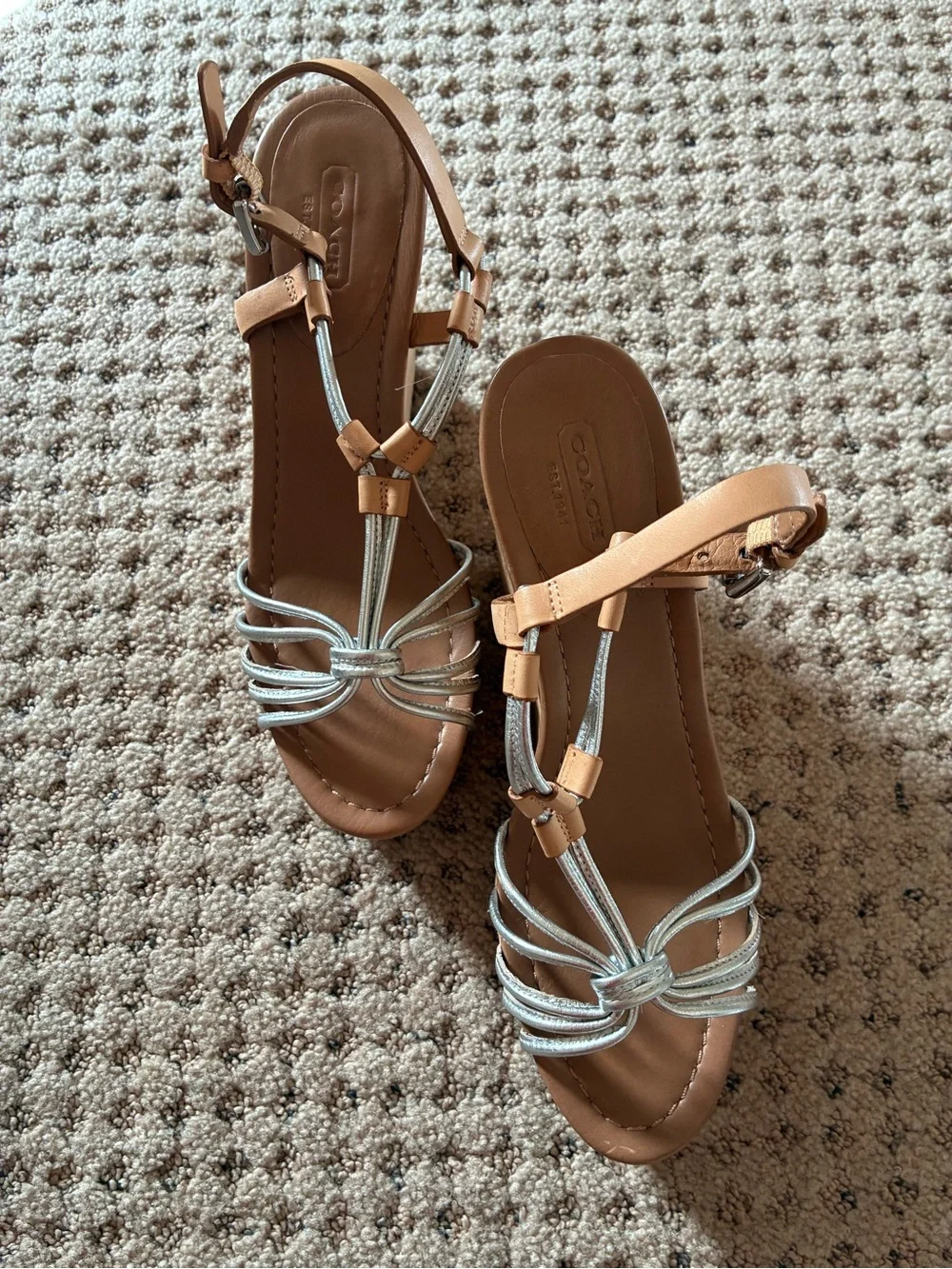 Coach Metallic Silver & Tan Cork Wedge Sandals